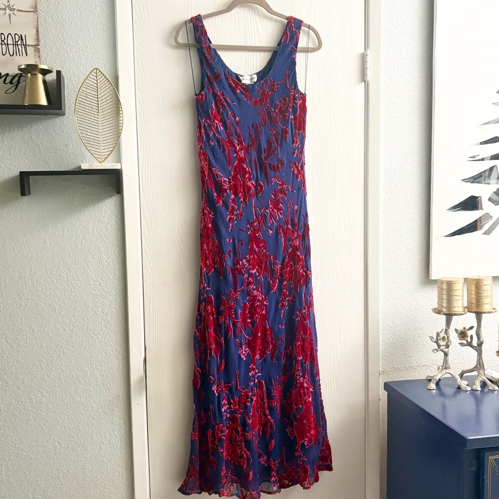 Bloomingdale’s Silk Rayon Blue & Red Floral Burnout Midi Dress Size 14